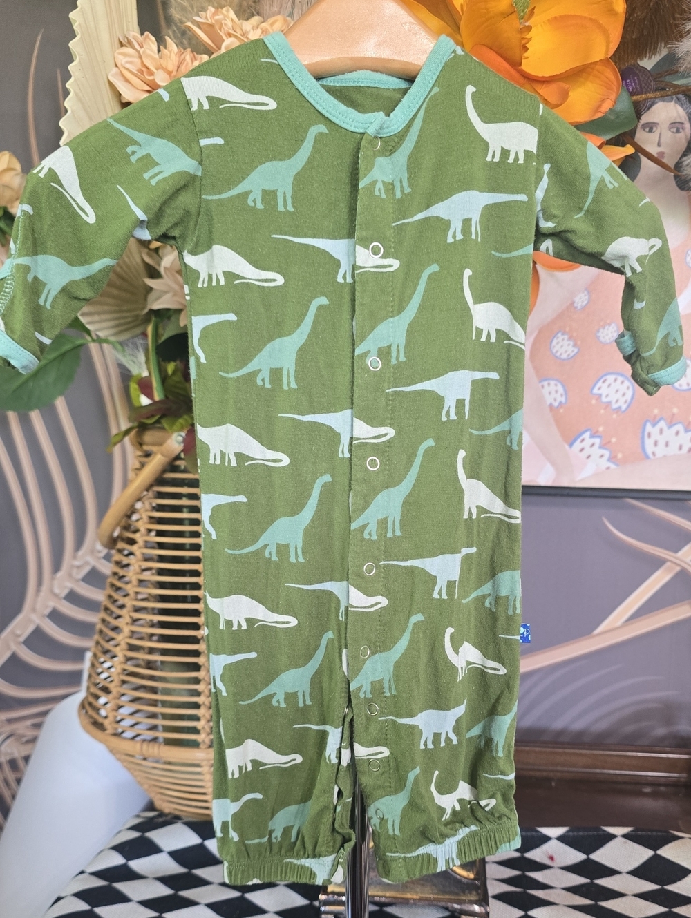 Kickee Pants 0 3  Green Dinosaur Print Kids Pajamas Romper Bamboo